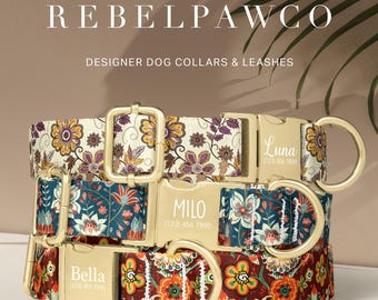 Floral Dog Collar, Personalized Dog Collar with Name, Cute Dog Collar, Retro Floral Collar, Boho Style, Leash Set, Girl Dog Collar, HC93