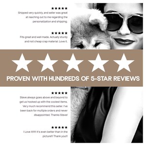 May include: Black and white image featuring a woman wearing sunglasses and a dog. The image includes text that reads "PROVEN WITH HUNDREDS OF 5-STAR REVIEWS". There are also customer reviews with five-star ratings.