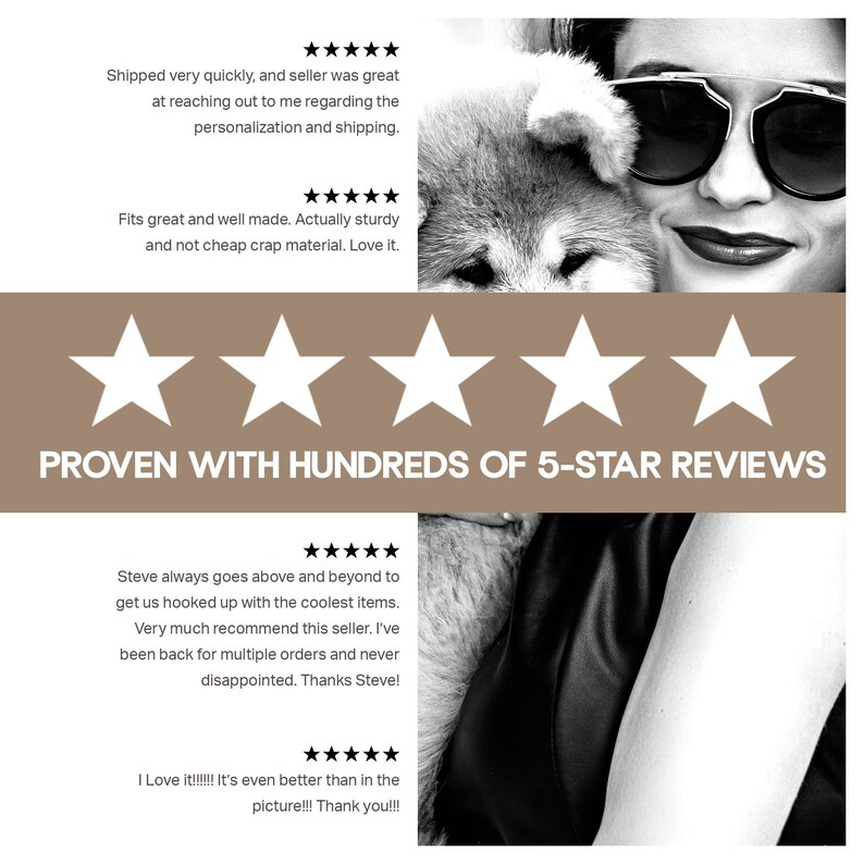 May include: Black and white image featuring a woman wearing sunglasses and a dog. The image includes text that reads "PROVEN WITH HUNDREDS OF 5-STAR REVIEWS". There are also customer reviews with five-star ratings.