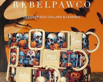 Skull Dog Collar Halloween, Personalized Spooky Pumpkin Dog Collar, Custom Engraved Collar, Day of the Dead Collar, Pet Accessories, HC145