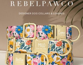 Cute Flower Dog Collar Girl, Dog Collar Personalized w/ Engraved Pet Name, Abstract Floral Dog Collar, Adjustable Collar Leash Set, HC125