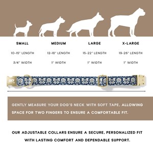 May include: A navy blue dog collar with a white floral pattern and gold-colored hardware. Sizes range from small (10-15" length) to X-Large (19-26" length). Includes text about measuring your dog's neck for a comfortable fit.