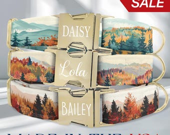Boho Mountain Dog Collar, Custom Engraved Metal Buckle Dog Collar, Forest Dog Collar and Leash Set, Nature Dog Collar for Boys Girls HC7