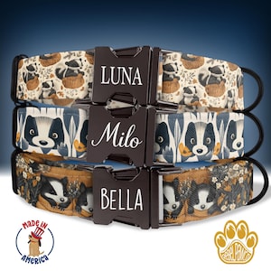Skunk Dog Collar, Animal Dog Collar Personalized, Custom Dog Collar, Metal Buckle, Dog Name, Matching Dog Collar and Leash, HC48