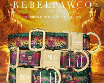 Buddha Dog Collar Personalized with Name Custom Engraved Boho Meditation Dog Collar and Leash Buddhist Pet Collar Zen Gift Mindfulness HC299