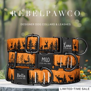 May include: Orange dog collars featuring black forest and deer designs. Each collar has a black buckle and a name tag with a pet's name and phone number. The brand name "REBELPAWCO" is at the top, with "DESIGNER DOG COLLARS & LEASHES" below it.