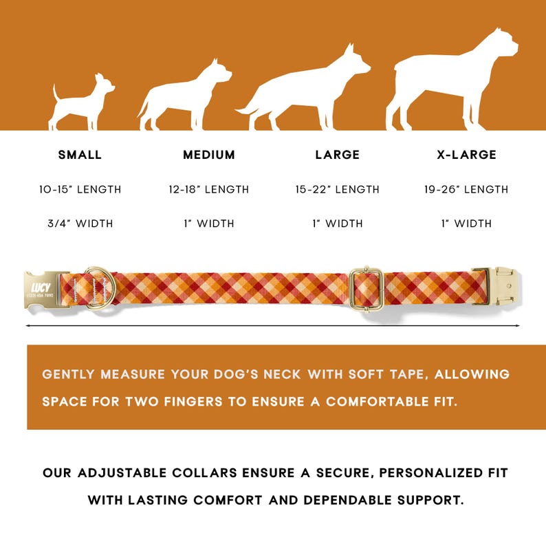 May include: A dog collar with a plaid pattern in shades of orange, red, and yellow. The collar has a gold-colored buckle and a metal tag that says "LUCY". The image also shows size guidelines for small (10-15" length), medium (12-18" length), large (15-22" length), and X-large (19-26" length).