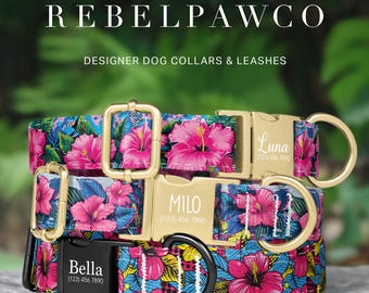 Hot Pink Floral Dog Collar Personalized Custom Name Colorful Tropical Flowers Dog Collar Boys Girls Summer Vibes Pet Collar Engraved HC258