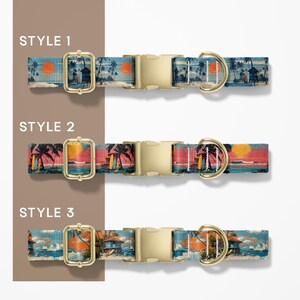 Puede incluir: Tres collares para perros con un dise&ntilde;o de escena de playa tropical. Cada collar presenta una hebilla y una anilla en D de color dorado. Los collares tienen un patr&oacute;n repetido de palmeras, tablas de surf y una puesta de sol sobre el oc&eacute;ano. El texto "STYLE 1", "STYLE 2" y "STYLE 3" es visible.