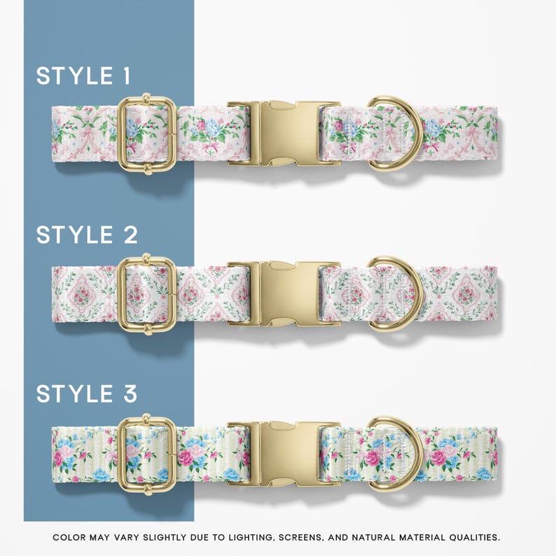 Floral dog collar collection featuring different variations of pink and blue floral patterns with subtle changes in layout and tone. Each design keeps the same vintage floral and grandmillennial style while offering slightly different looks to match your dog’s personality.