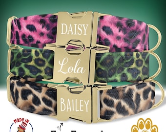 May include: Three dog collars with different leopard print patterns. The collars are gold with engraved names: Daisy, Lola, and Bailey. Free engraving is offered.