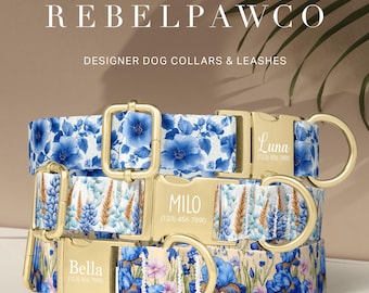 Blue Floral Dog Collar Personalized, Toile de Jouy Dog Collar Engraved Name, Chinoiserie Dog Collar with Metal Buckle, Matching Leash, HC57