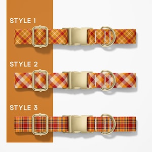 May include: Three dog collars with gold-colored hardware and plaid patterns in orange, red, and yellow. The collars are labeled "STYLE 1", "STYLE 2", and "STYLE 3" on a brown background. Each collar has a buckle and a D-ring.
