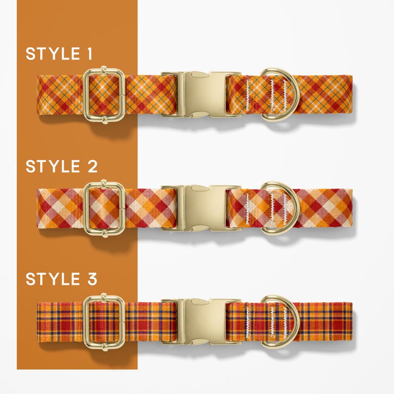 May include: Three dog collars with gold-colored hardware and plaid patterns in orange, red, and yellow. The collars are labeled "STYLE 1", "STYLE 2", and "STYLE 3" on a brown background. Each collar has a buckle and a D-ring.