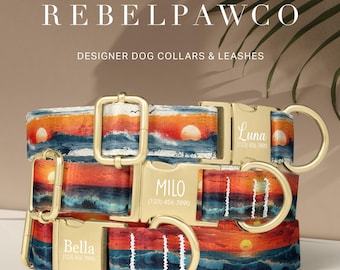 Summer Beach Dog Collar Personalized, Ocean Dog Collar and Leash Set, Retro Sunset, Vacation Vibes, Tropical Dog Collar Designer, HC85