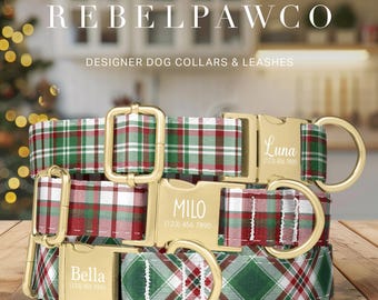 Plaid Christmas Dog Collar Engraved, Red and Green Dog Collar and Leash, Christmas Present for Dog, Metal Engraved Buckle, HC208