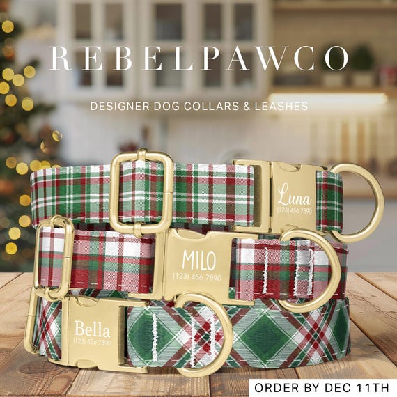 Plaid Christmas Dog Collar Engraved, Red and Green Dog Collar and Leash, Christmas Present for Dog, Metal Engraved Buckle, HC208