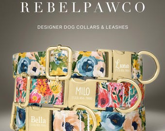 Personalized Floral Dog Collar, Yellow Dog Collar, Girl Dog Collar, Watercolor Dog Collar, Dog Collar with Name, Custom Dog Leash Set, HC124