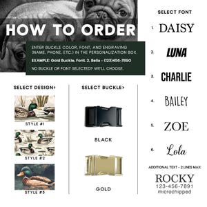 May include: Image showing options for a personalized pet collar. Includes font choices, buckle colors (black and gold), and design styles featuring ducks. Instructions on how to order are also provided.