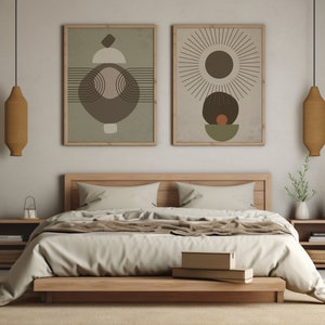 Neutral Wall Art Gallery Set Of 2, Abstract Boho Prints, Sage Green Brown Beige Bohemian Rainbow Shapes Poster, Mid Century Modern Art Print