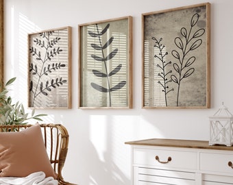 Abstract Botanical Leaves Set Of 3 Prints, Sage Green Brown Black Vintage FLower Decor, Minimalist Boho Posters, Neutral Boho flower Print