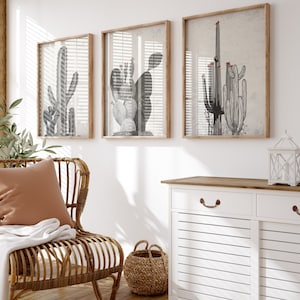 Schwarz Weißer Kaktus Wand Kunstdruck 3er Set, Boho Dessert Wanddekor, Kakteen druckbare Poster, Vintage botanische digitale Download Poster