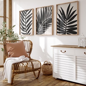 Black And  White Leaf Prints, Set Of 3 Botanical Printables, Boho Wall Art, Minimalist Bohemian Coastal Artwork, Modern Floral Poster