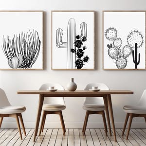 Küsten Wand Kunst, Boho Galerie 3-teiliges Set, Minimale Drucke, Wüste Wanddekoration, Saguaro Kaktus Druck, Schwarz Weiß druckbare Kakteen Poster C