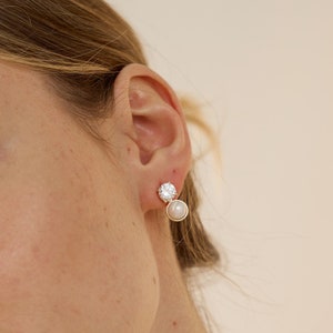 Diamond & Pearl Stud Earrings, Freshwater Pearl Stud Earrings, Bridal Earrings Jewelry, Crystal Pearl, Wedding Earrings, Bridesmaid Gift image 2