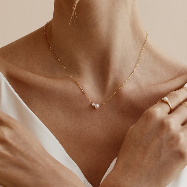Minimalistische zoetwaterparelketting, sterlingzilver 2 ronde parels ketting, ketting bruidsmeisje, dagelijkse parelketting, cadeau bruidsmeisje