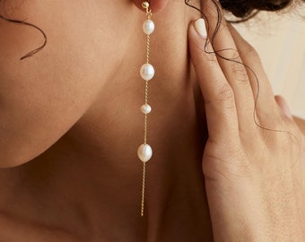 Multiple Pearl Drop Earrings, Dainty Freshwater Pearl Jewelry, Long Pearl Earrings for Wedding, Bridal Earrings, Women Earrings, Gift