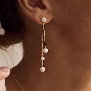 Real Pearl Tassel Drop Earrings, Freshwater Pearl Dangle Earrings, Dainty Pearl Jewelry, Bridal Earrings, Wedding Jewelry, Bridesmaid Gift