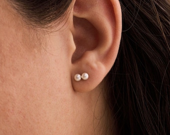 Minimalist Freshwater Pearl Stud Earrings, 2 Real Pearl Stud Earrings, Daily Pearl Stud Earrings, Sterling Silver, Wedding, Christmas Gifts
