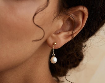 Round Freshwater Pearl Drop Earrings, Dainty Real Pearl Earrings, Wedding Earrings, Bridal Earrings, Bridesmaid Gift for Her, Mother's Gift