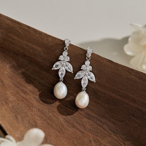 Natural Freshwater Pearl Earrings On Leaf Sterling Silver, Diamond Pearl Drop Earrings, Dainty Bridal Earings for Wedding, Bridesmaid Gift