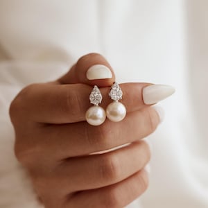 Sterling Silver Pearl Stud Earrings, Tear Drop Diamond Stud Earrings, Wedding Earrings, Bridal Earrings, Engagement Earrings, Gift for Mom