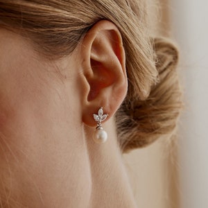 Sterling Silver Pearl Diamond Earrings, Leaf Diamond Earrings, Real Natural Freshwater Pearl Earrings, Brial Earrings, Bridesmaid Gift for