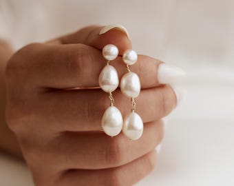 Delicate Real Freshwater Pearl Earrings, Wedding Jewelry, Bridal Earrings, Daily Earrings for Mom, 3 Pearl Drop Earrings, Christmas Gift