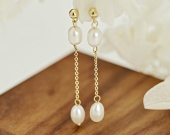 18K Gold 2 Pearls Drop Earrings, Freshwater Pearls Dangle Earrings, Bridal Earrings, Bridesmaid Gift, Everyday Earring, Wedding Gift for Her
