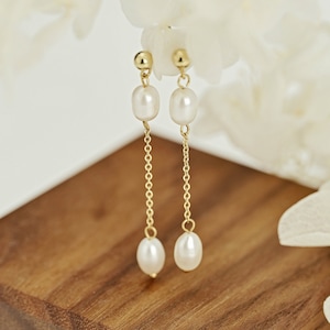 18K Gold 2 Pearls Drop Earrings, Freshwater Pearls Dangle Earrings, Bridal Earrings, Bridesmaid Gift, Everyday Earring, Wedding Gift for Her