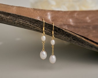 Freshwater Pearl Drop Earrings, Bridal Pearl Earrings, 18K Gold Dangle Earrings, Wedding Earrings, Valentine's Gift, Bridesmaids Gift