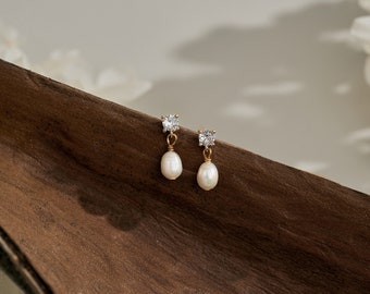 Diamant Perle Tropfen Ohrringe, Minimalist Perle Ohrringe, Frauen Diamant Ohrringe, Ohrstecker, Brautjungfer Geschenk, Muttertagsgeschenk für Sie