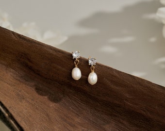 Diamond Pearl Drop Earrings, Minimalist Pearl Earrings, Women Diamond Earrings, Stud Earrings, Bridesmaid Gift, Mother's day Gift for Her