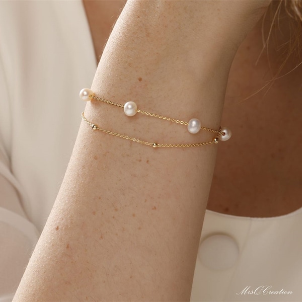 Véritable bracelet de perles d'eau douce naturelles, bracelet en or 14k couche Dainty, bracelet perlé perlé, bracelet de mariage, cadeau de demoiselles d'honneur