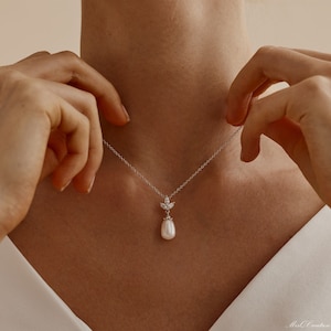Collar de diamantes y perlas de agua dulce en plata de ley, collar nupcial perfecto, collar de boda, collar de cristal, regalo del día de la madre para dama de honor