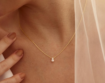 Dainty Diamond Pearl Pendant Necklace, Minimalist 14K Gold Plated Necklace, Wedding Bridal Jewelry, Bridesmaid Gift, Best Gift for Her