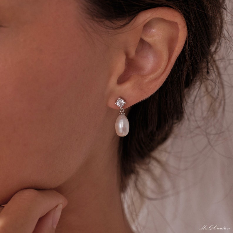 Boucles d'oreilles pendantes en perles de diamant, boucles d'oreilles en argent sterling avec perles, boucles d'oreilles de mariage pour femmes, clous d'oreilles, cadeau de demoiselle d'honneur, cadeau de fête des mères image 8