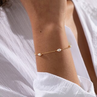 Bracciale Perle Con Placcatura Oro 18 Carati, Elegante Gioiello Donna, Catena 17+3 Cm, Regalo Sposa