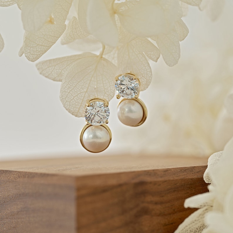 Diamond & Pearl Stud Earrings, Freshwater Pearl Stud Earrings, Bridal Earrings Jewelry, Crystal Pearl, Wedding Earrings, Bridesmaid Gift image 5
