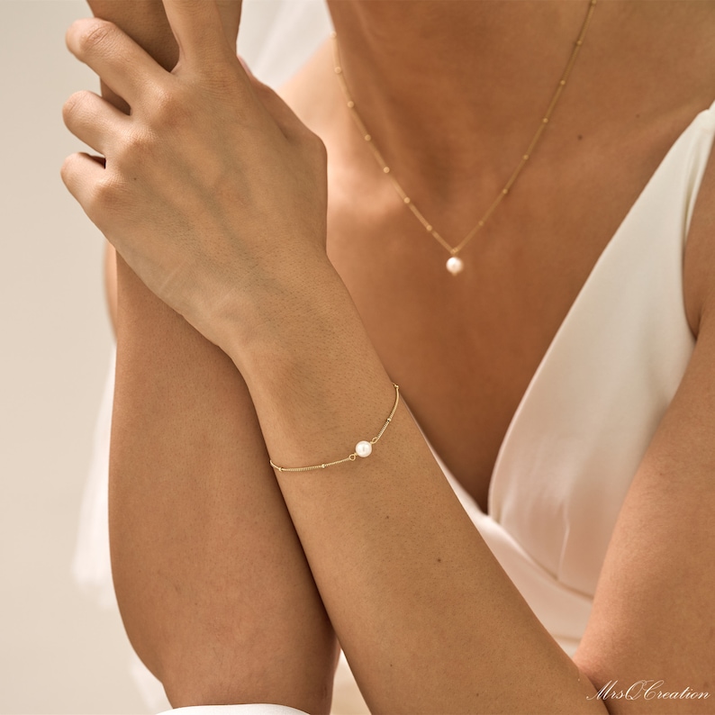 Bracelet de perles simple minimaliste, chaîne de perles de bracelet de perles d'eau douce naturelles, bracelet de perles en argent sterling, cadeau de demoiselle d'honneur pour elle image 9